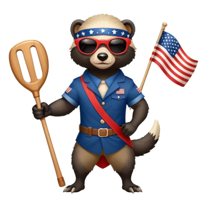 friendly anthropomorphised honey badger in USA Independence Day outfit, wearing sunglasses, holding a club, ready stance sticker