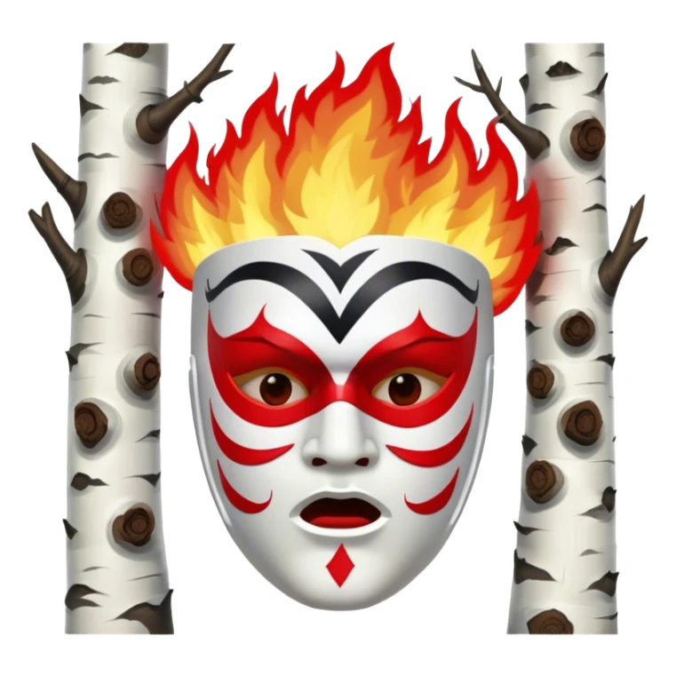 birch tree male mask in kokoshnik expressing anger, white, black and red palette, the texture has black marks, red fire at the top sticker