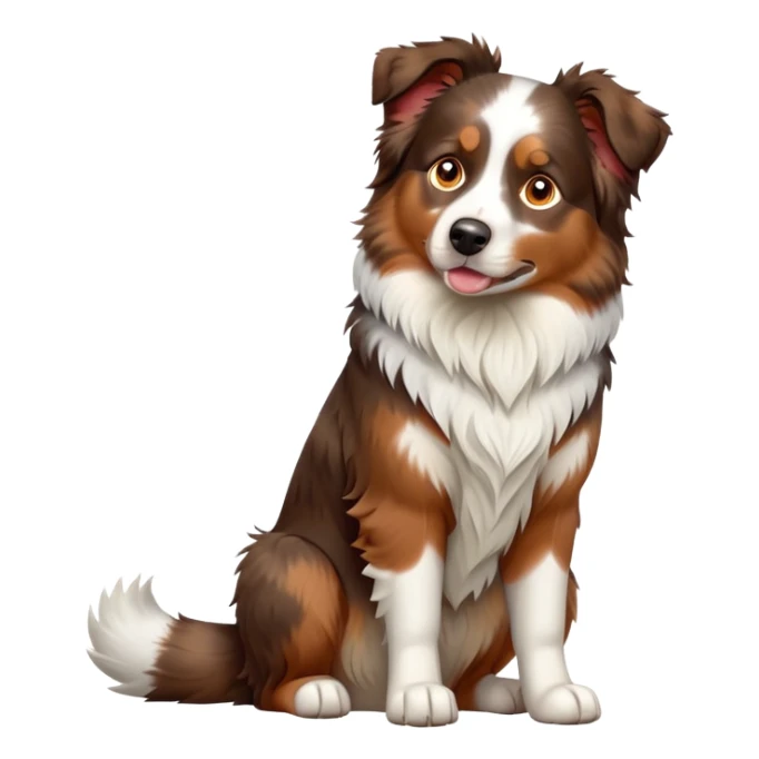 cinematic-[australian shepherd dog]-realistic-full-body-sitting-emoji,-tail-resting-loosely-beside-its-paws,-head-tilted-dramatically,-scruffy-[white and red merle]-fur,-simplified-yet-realistic-focused-features,-highly-detailed,-glowing-with-an-almost-sarcastic-glow sticker