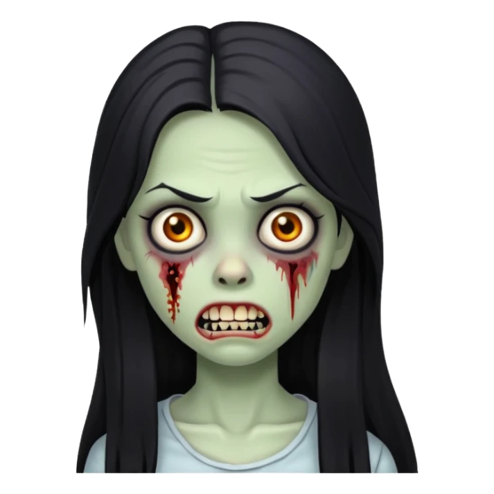 girl zombie with black long hair with teeth and serious face sticker