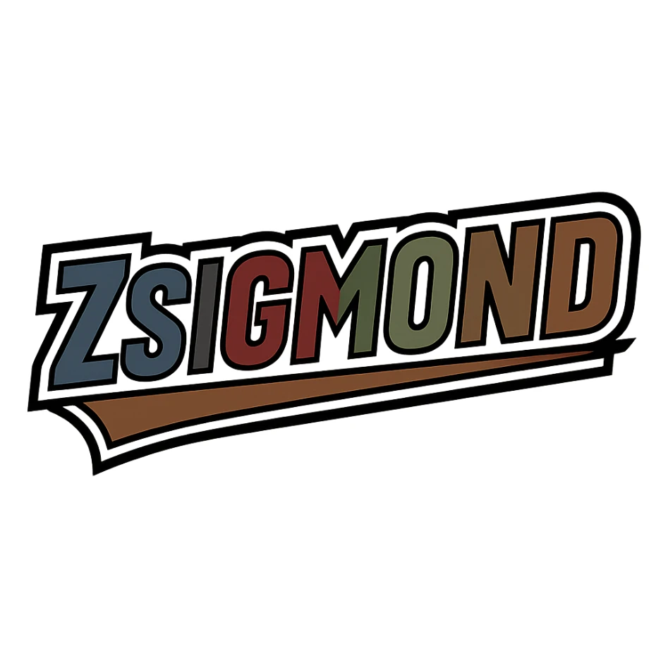 Zsigmond name in masculine, modern, gradient font with precise Hungarian characters, dark contour, extra wide and prominent white letter frame as in sample images, dynamic slanted underline, masculine color shades (blue, gray, burgundy, green, brown), 1000x1000 px, PNG, transparent background sticker