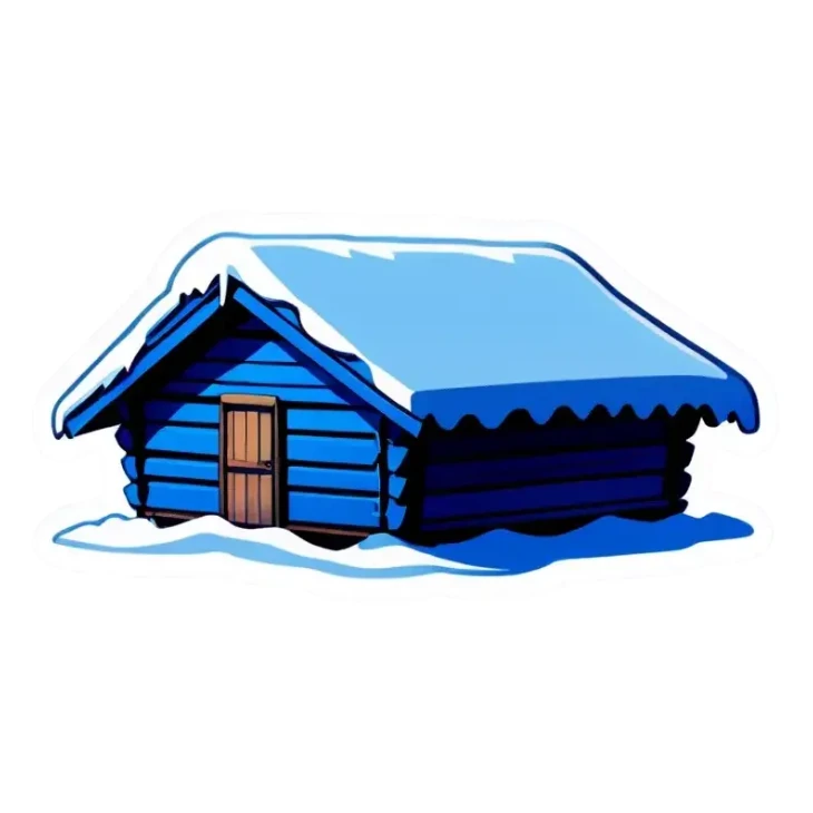 Blue wooden big hut, in winter sticker