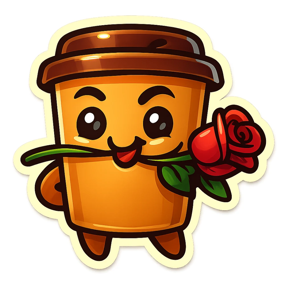 Tall coffee cup, rose in mouth, wiggle eyebrow, smirk sticker