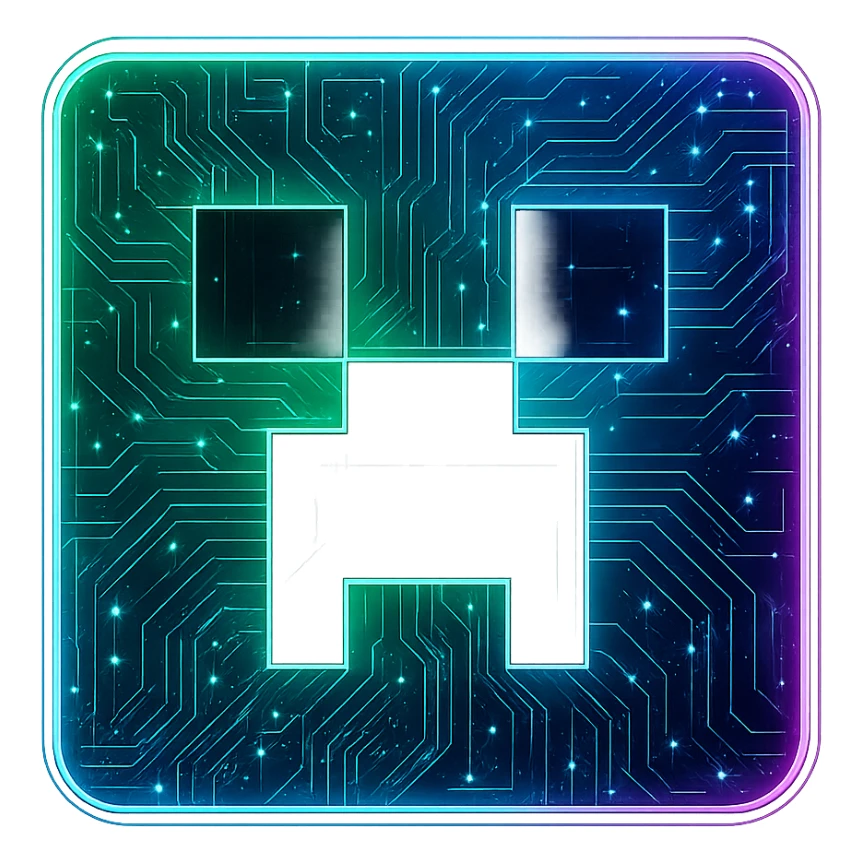 Transform the Minecraft launcher logo/creeper face into a cyberpunk, holographic style with glowing neon green, blue, and pink edges. Add intricate circuit patterns throughout the entire icon with a consistent cyberpunk glow. Maintain the recognizable creeper face and green color, overlaying neon and circuit effects in a futuristic, clean style. The whole icon should have a transparent background and detailed cyberpunk aesthetics. sticker