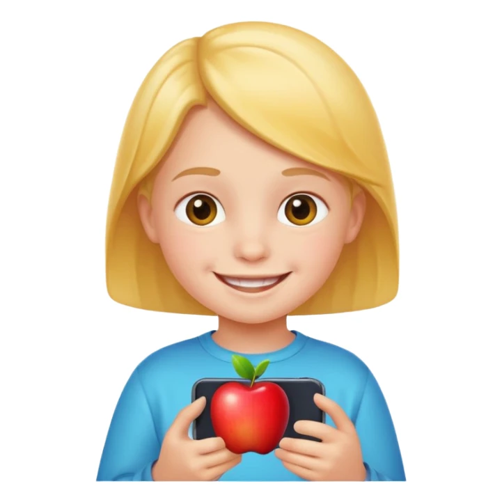 little kid smiling and looking at a phone, apple style emoji sticker