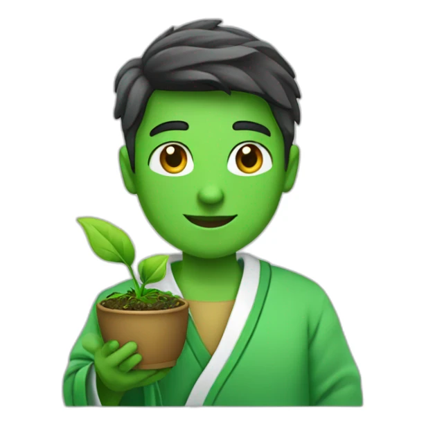 a student in a green robe with a green sprout in his hands. sticker