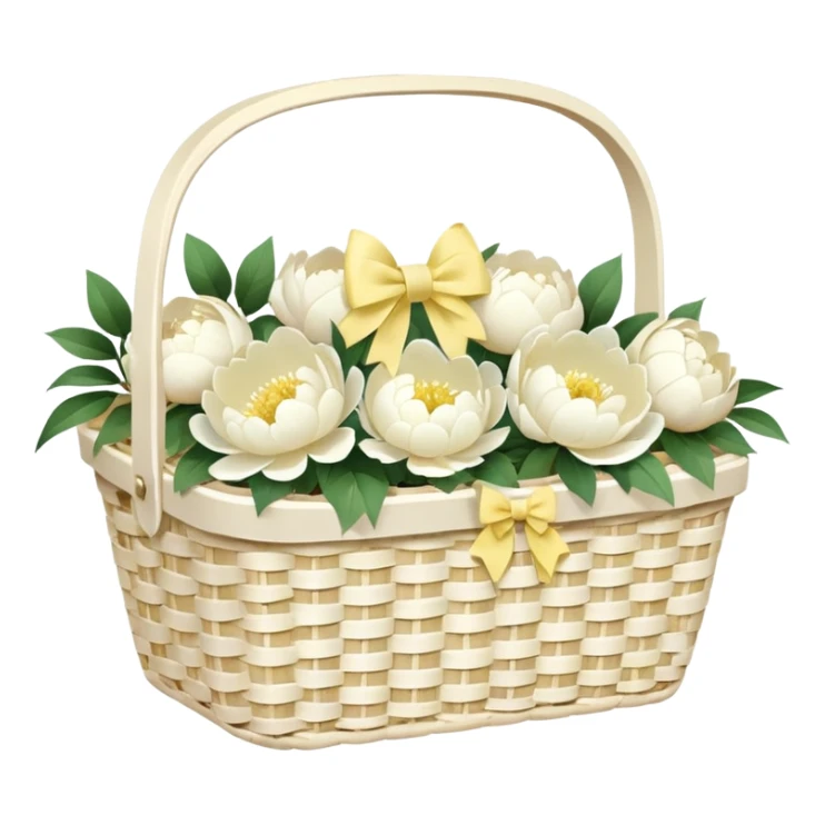 White Picnic basket with pastel yellow bow and white peonies inside sticker