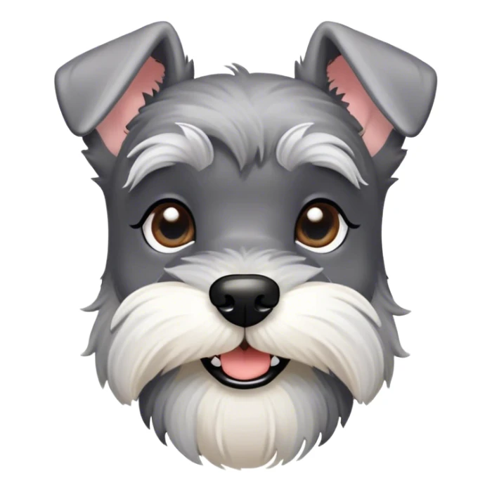 Cinematic Cute Miniature Schnauzer Portrait Emoji, Head cheerfully cocked with expressive, twinkling eyes and a neatly trimmed, adorable salt-and-pepper fur, simplified yet endearingly detailed, glowing with a bright, friendly radiance, high shine, exuding smart and spunky charm, styled with a delicate, whimsical outline, capturing the essence of a cute Miniature Schnauzer that appears ready to scamper off the screen with delightful energy! sticker