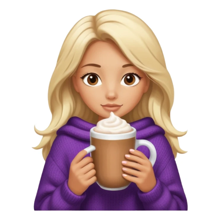Tanned Girl with lashes , blonde hair, in an extremely big fluffy oversized and hold hot chocolate drink sticker
