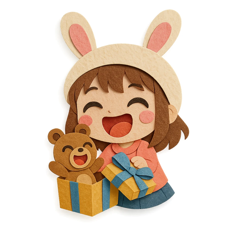 laughing chibi girl in bunny hat opening glittery gift box with laughing teddy bear inside, paper-craft style sticker