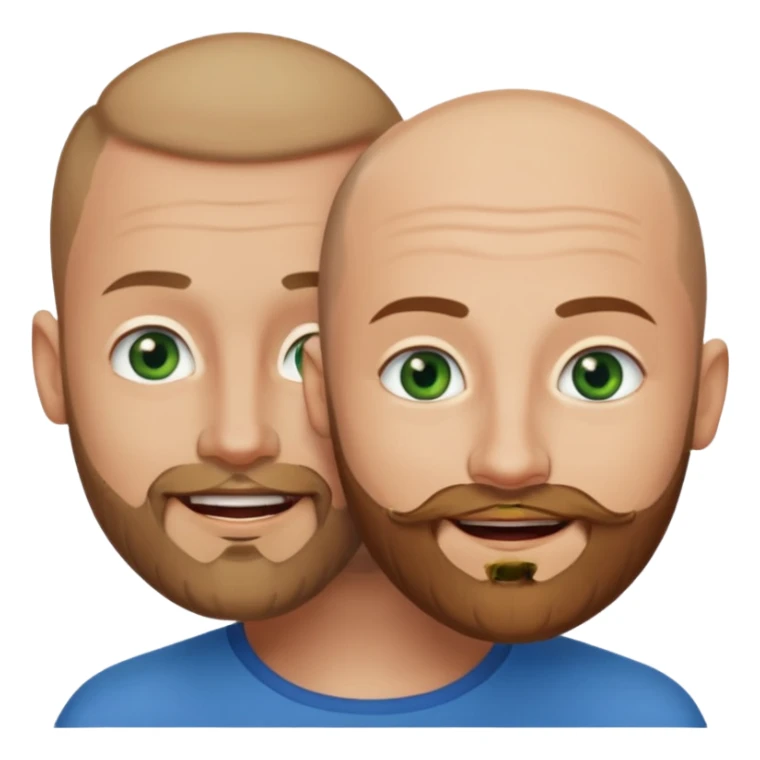 Shaved head man with dark blonde beard and blue eyes with mouth closed smile with brown haired woman with green eyes sticker