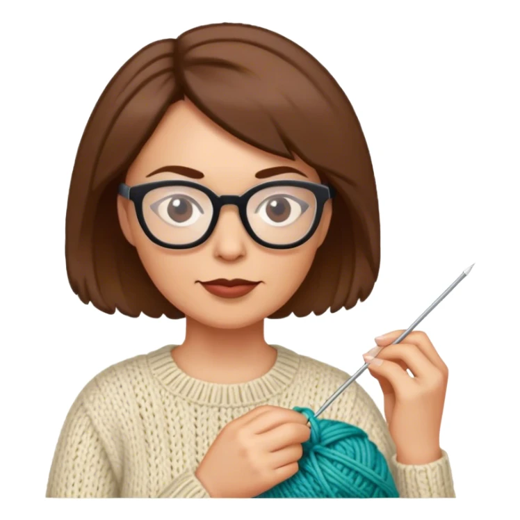 Mid aged woman with glasses and short brown hair knitting sticker