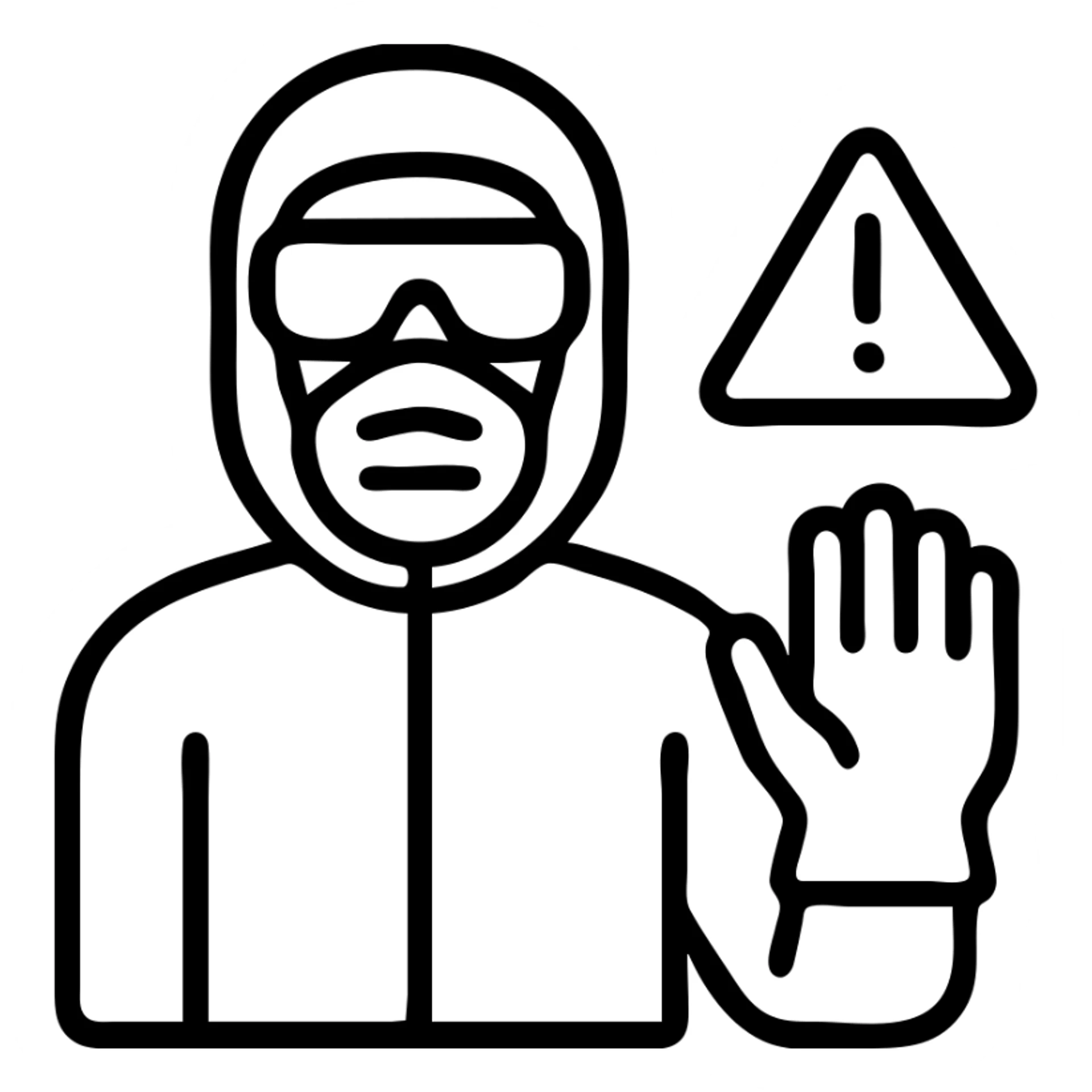 safety notice icon showing a worker in PPE including goggles, gloves, mask, and protective suit with a red warning symbol, designed for use in a chemical factory environment sticker