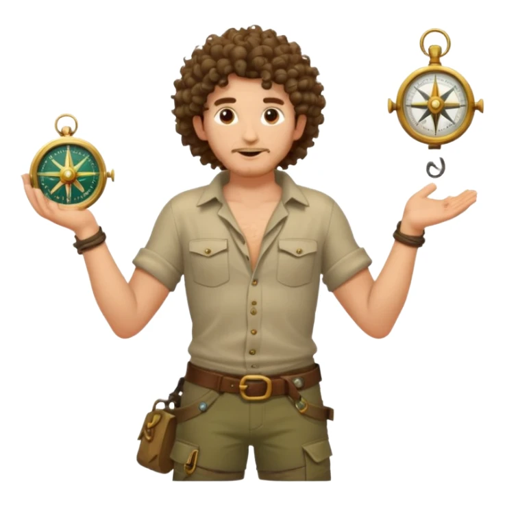 full body jungle explorer man, curly hair, from behind, half-open shirt slipping off shoulders, relic compass in hand sticker