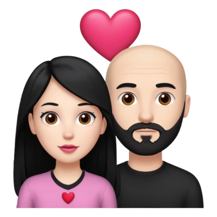 👩🏻‍❤️‍💋‍👨🏻 this one but the man should be bald. white woman with long black hair and white bald young man whoitiut hair and a heart between their heads. she has pink lips and both have brown eyes. he has e full beard but short. both wear black  sticker