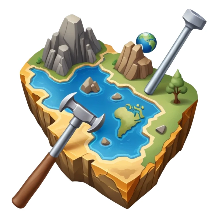 An icon featuring a rock hammer, a geological map, and layers of Earth’s crust, symbolizing geology. The design includes mineral samples, fossils, and tectonic plates, representing the study of Earth’s structure and natural processes. Transparent background highlights geological exploration sticker