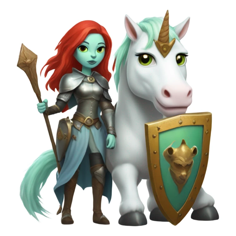 medieval shield: ([politically incorrect, (
	{ female, alien, witch, color: light green, hair:red, eyes:cat} ]
	on a 
	[{ unicorn: white, legged:four, mane: light blue }])) sticker