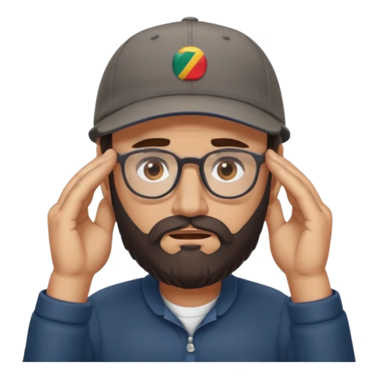 A man with a grey baseball cap, brown eyes, big dark brown beard and glasses, facepalm sticker
