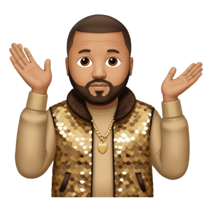 DJ Khaled with dark brown hair, beige sequin outfit sticker