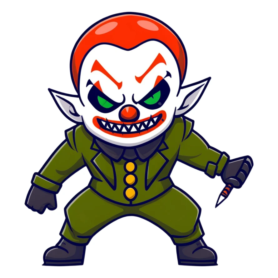 evil clown warrior, bald, short horns on forehead, fangs, pointed ears, black and military green leisure suit, battle-ready fighting posture sticker
