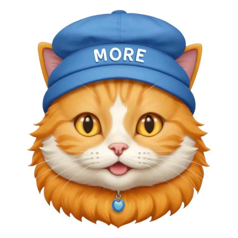 Make cat wearing cute hat that are yellow and has blue text that says More food!!! sticker