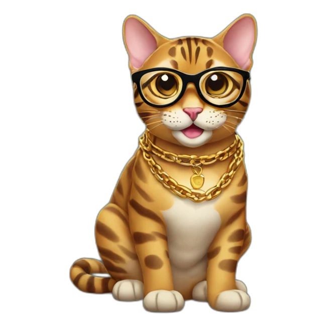 a Bengal cat wearing glasses with a golden chain around its neck, smiling sticker