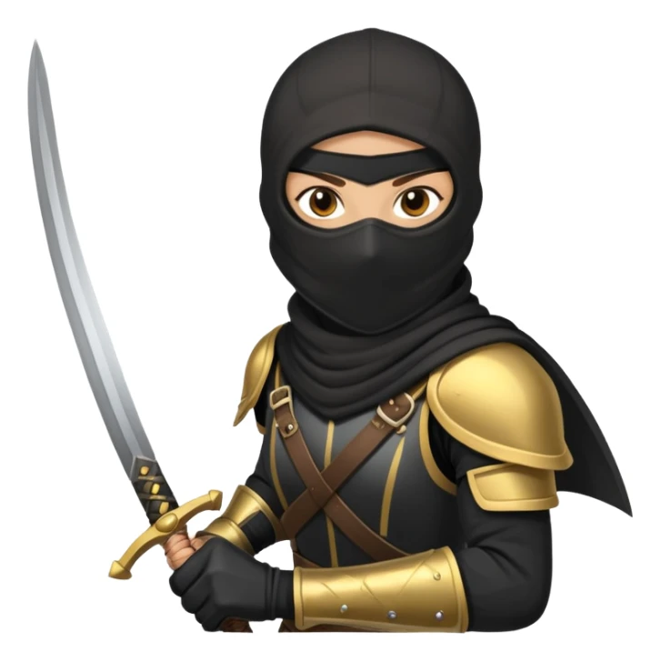 Brunette sword fighting assassin with a balaclava and black and gold armour sticker