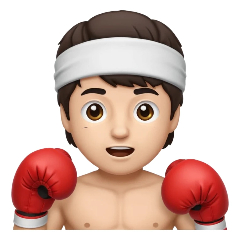 cute emoji version of Rocky Balboa, boxing gloves, headband, energetic face, simplified and rounded sticker