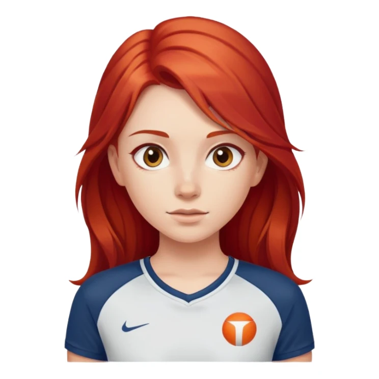 cô gái da trắng tóc đỏ dài ngang lưng mặc áo thể thao sticker