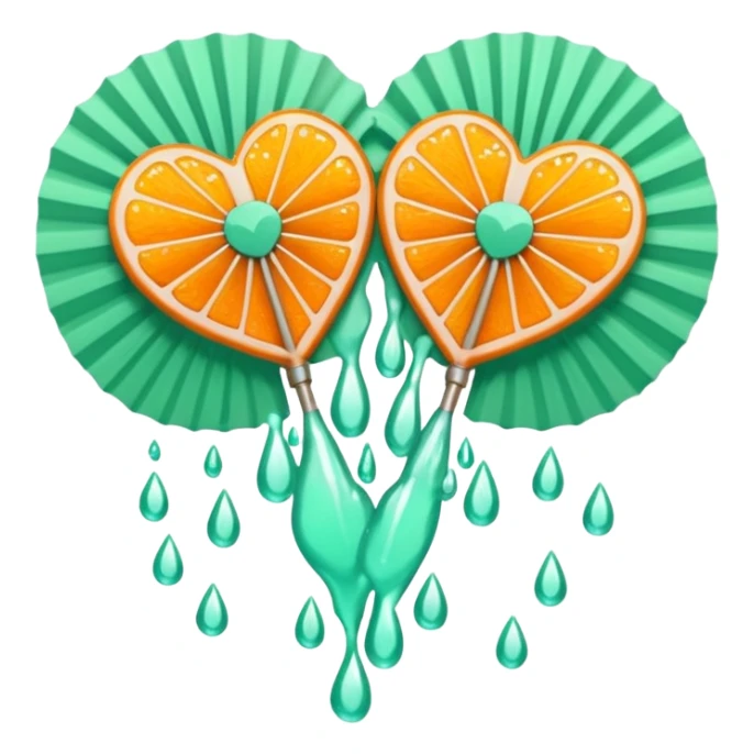 orange glittery heart, chopped  in pieces  with mint green water dripping down and a couple art deco fans  sticker