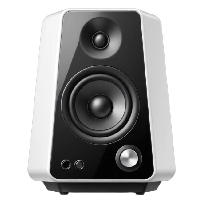 Single black desktop speaker with glossy front, one large white cone with black center, small volume knob, clean white background, studio product photo. sticker