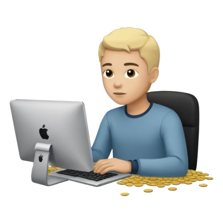 sujeto en su computadora con particulas de dinero alrededor sticker