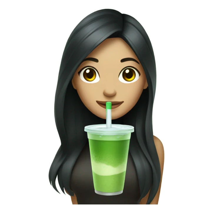 female with long black hair and an iced matcha sticker