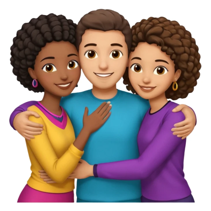  middle Eastern man with short brown hairwith two black african women both are African one is medium tone light tone skin black and one is medium tone black with african hair styles. and they are all smiling and putting their arms around each other and kiss, kissing and hugging. sticker