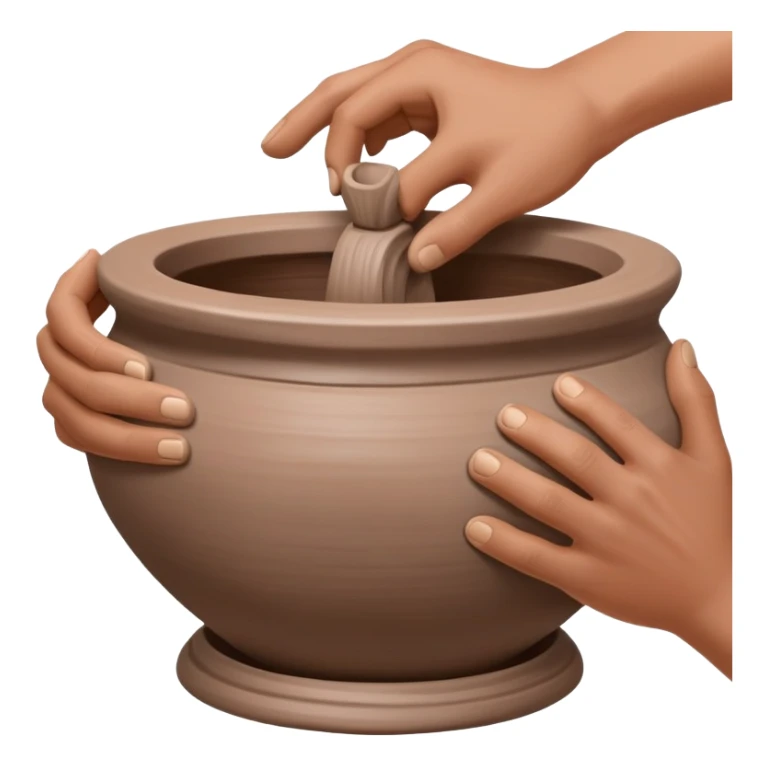 Close-up of two hands working from outside a clay vessel on a silver pottery wheel, both pinching and lifting the clay upward at the same spot to form the vessel wall sticker