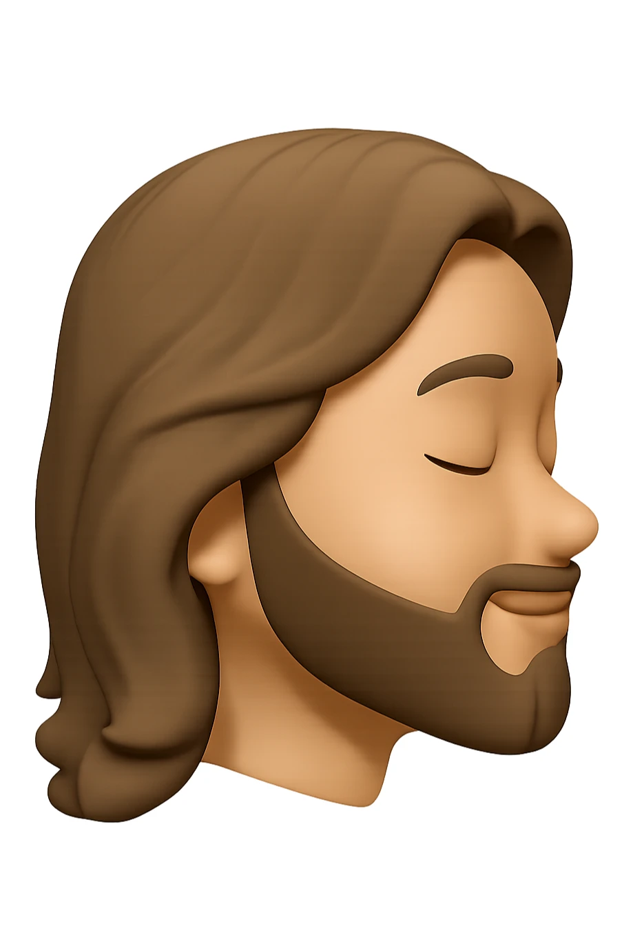 Edit the image to depict Jesus head in side profile view with closed eyes and a gentle smile. The style should resemble Apple emoji style with a 3D look and soft shading, on a transparent background. sticker