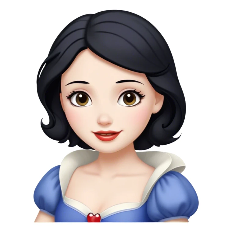 Cinematic Radiant Snow White Portrait Emoji, rendered in a realistic, vector style with clean proportions. Show Snow White with a soft, welcoming smile, delicate porcelain skin, and neatly arranged raven hair, wearing her timeless dress. The image radiates a warm, inviting glow, high shine, and is enhanced by a soft glowing outline that accentuates her gentle beauty. sticker