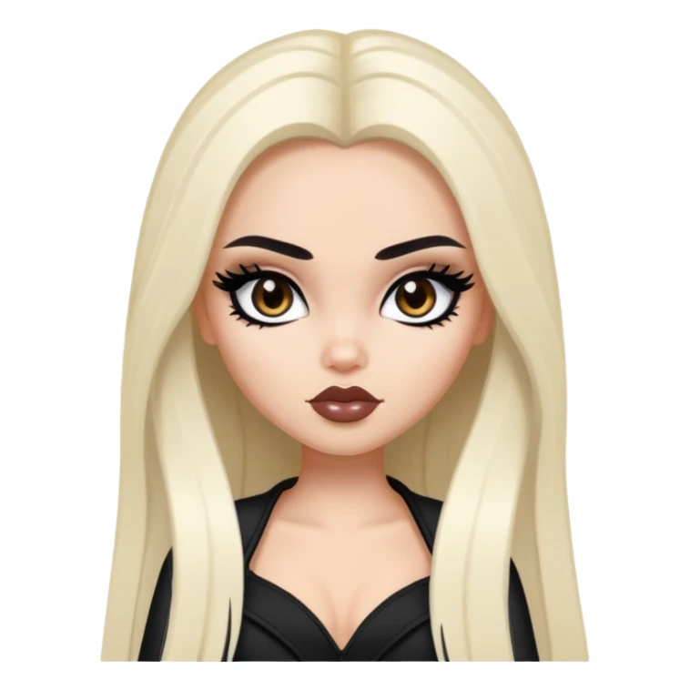 pretty bratz baddie, black eyeliner, medium white skin, jet-black long hair, dark brown eyes sticker