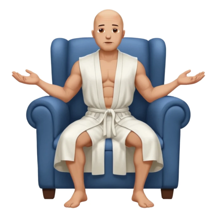 fullbody jacked bald guy, sleeveless and unbuttoned in full white robe sitting without chair and hands down sticker