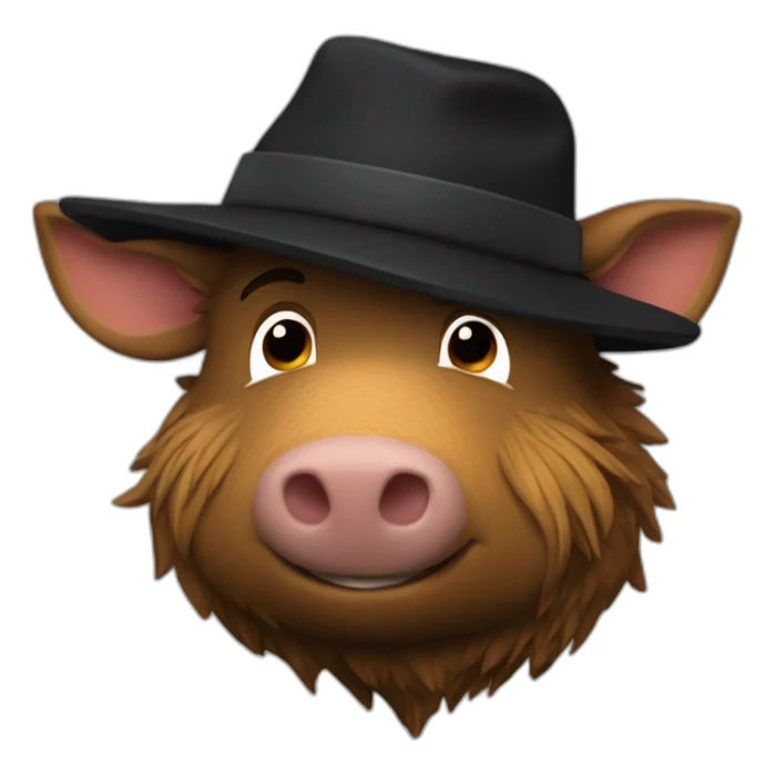 fullface wild tired brown boar with stubble in a black jacket and a black winter hat sticker