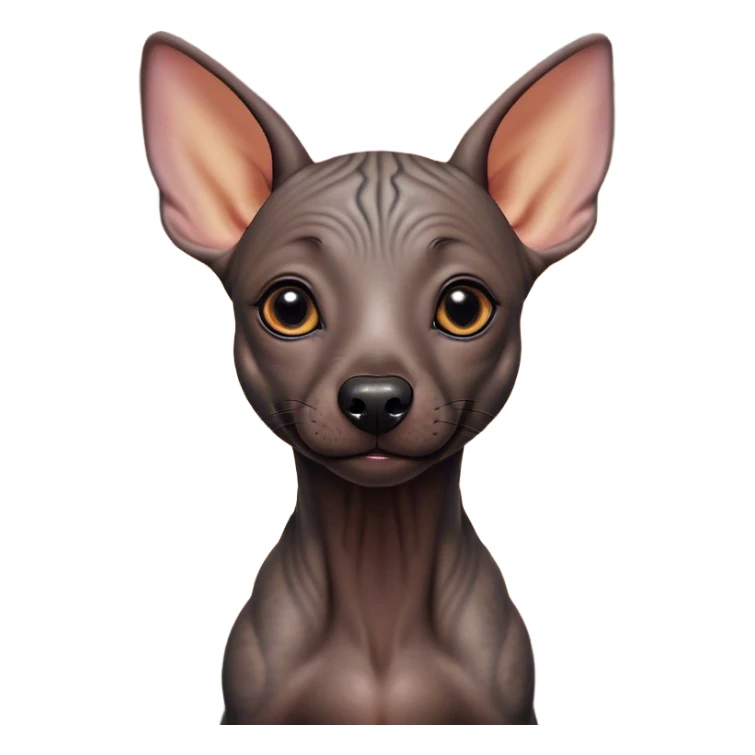 Cinematic Cute Xoloitzcuintle Portrait Emoji, Head tilted playfully and inquisitively, featuring smooth, hairless ebony skin with distinctive, artistic wrinkles, round, sparkling dark eyes filled with curiosity, Simplified yet irresistibly adorable features, highly detailed, glowing with a warm, friendly glow, high shine, affectionate and spirited, stylized with a touch of whimsy, bright and endearing, soft glowing outline, capturing the essence of a mischievous yet loving companion, so playful it feels like it could trot out of the screen and into your arms! sticker