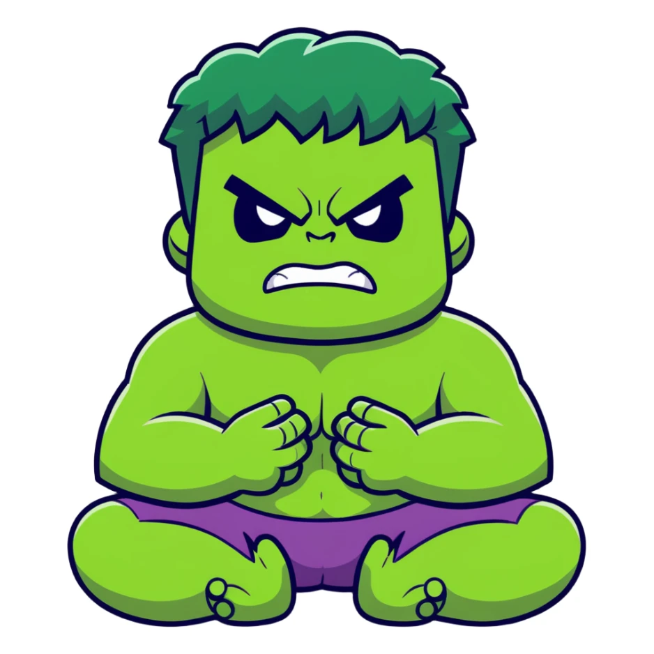 Hulk calming down, green superhero transitioning from angry to peaceful, breathing deeply, meditation pose, relaxing expression sticker
