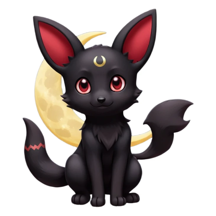 Kawaii Umbreon dark type Pokémon, full body, crescent moon behind subject, crimson colored eyes sticker