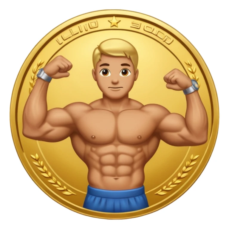 A bent arm showing a big biceps in a gold coin sticker