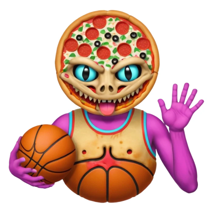 a glitch abomination with hands for a head, a baskeball stomach, pizza eyes sticker