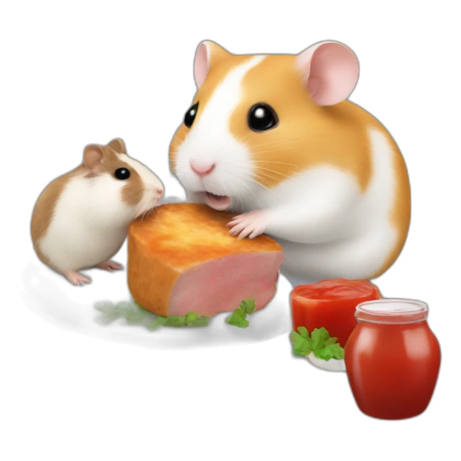 a hamster with a guinea pig eating a steak with ketchup  sticker