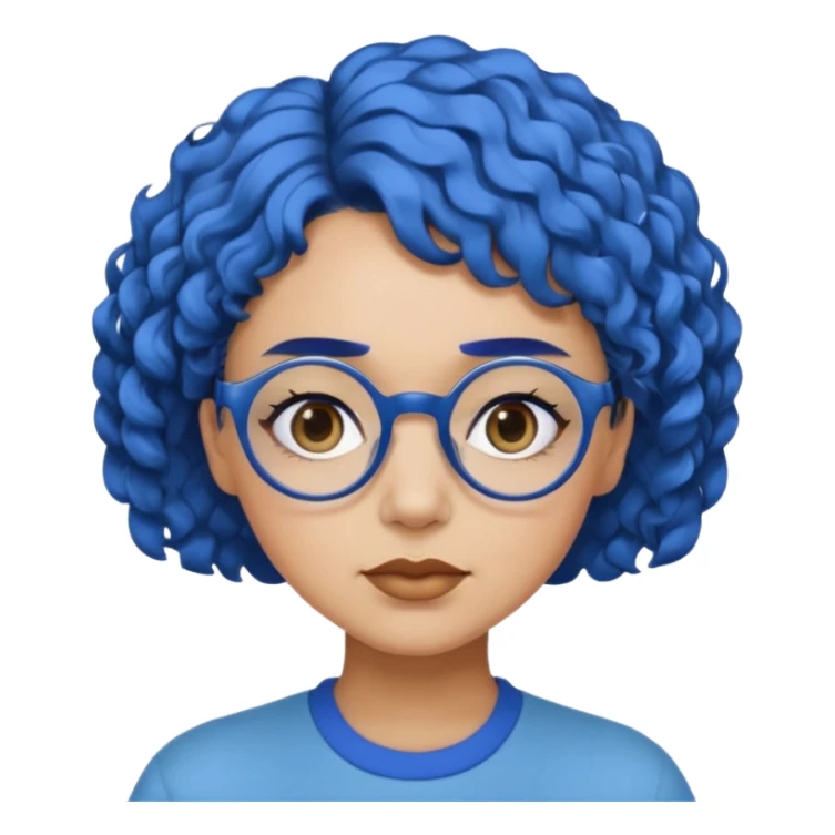 laydy with short, curly blue hair, matching blue eyebrows, light brown skin, round black glasses, and a neutral facial expression. sticker