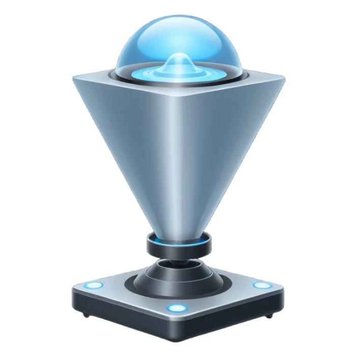 Flat emoji of a wrist-mounted hologram projector emitting a soft blue light cone, simple shapes, modern sci-fi style sticker