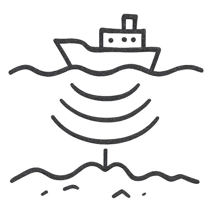 Hydroacoustic map showing radio waves from a ship on the water surface scanning down to the seabed sticker