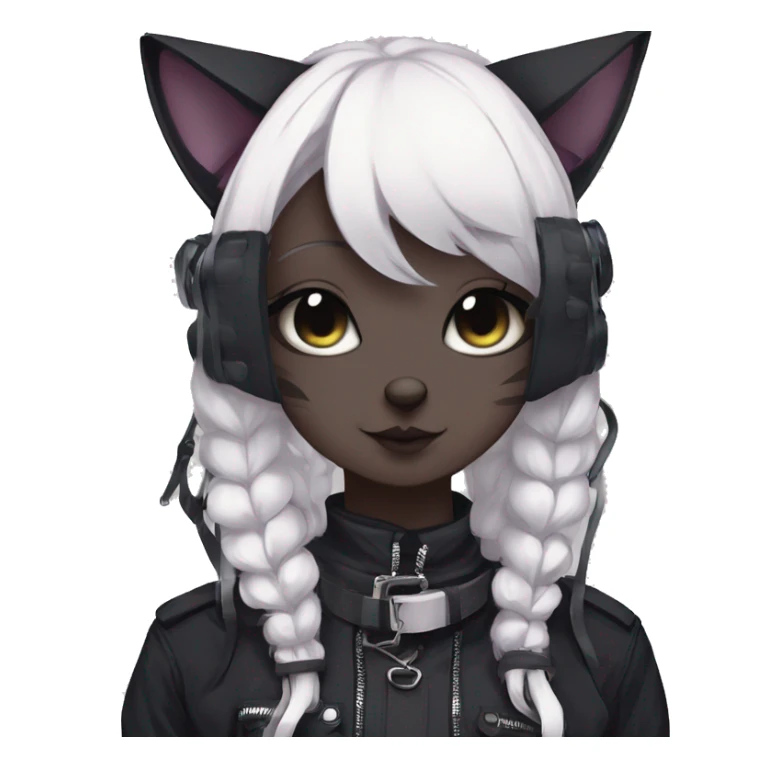Gorgeous gothic dark techwear anime style anthro cat with blushing face aesthetic and pretty edgy black with collar and harness trending style sticker
